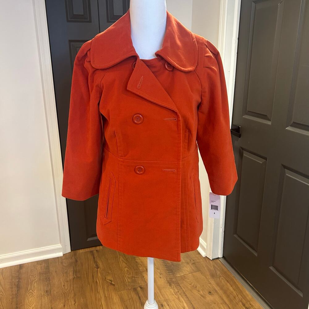 LIQUID Sz 8 Orange Denim Double Breasted Tailored Classic Jacket Phoebe Buffay